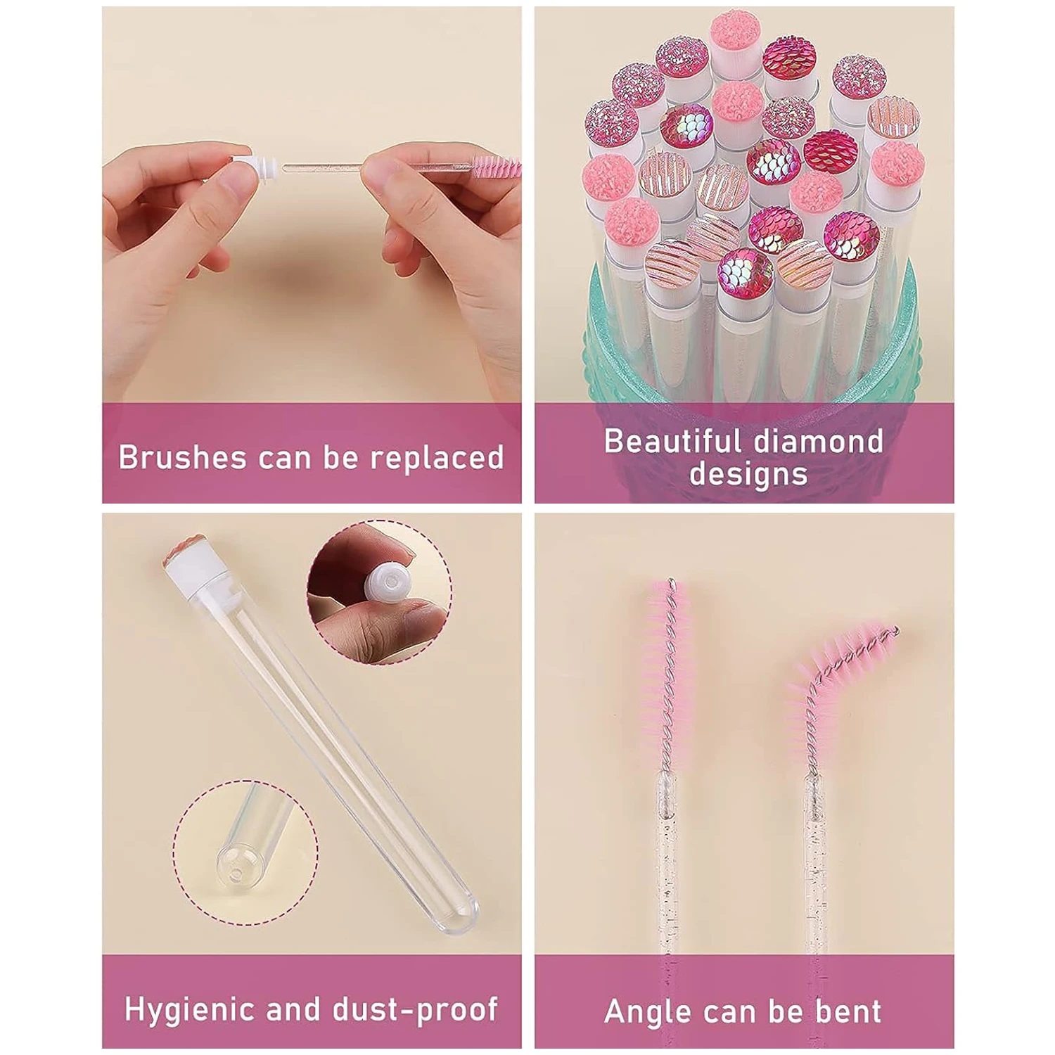 Ebanku 40 pièces ensemble de tubes de brosse à cils rose 40 pièces Tube de baguette de cils vide en diamant réutilisable 40 pièces baguette de brosse à cils en cristal jetable, pour le maquillage des femmes filles