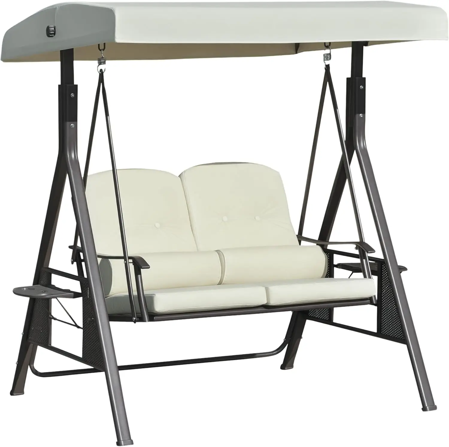 

2-Person Patio Swing Bench with Adjustable Shade Canopy, Soft Cushions, Throw Pillows and Tray, Beige.