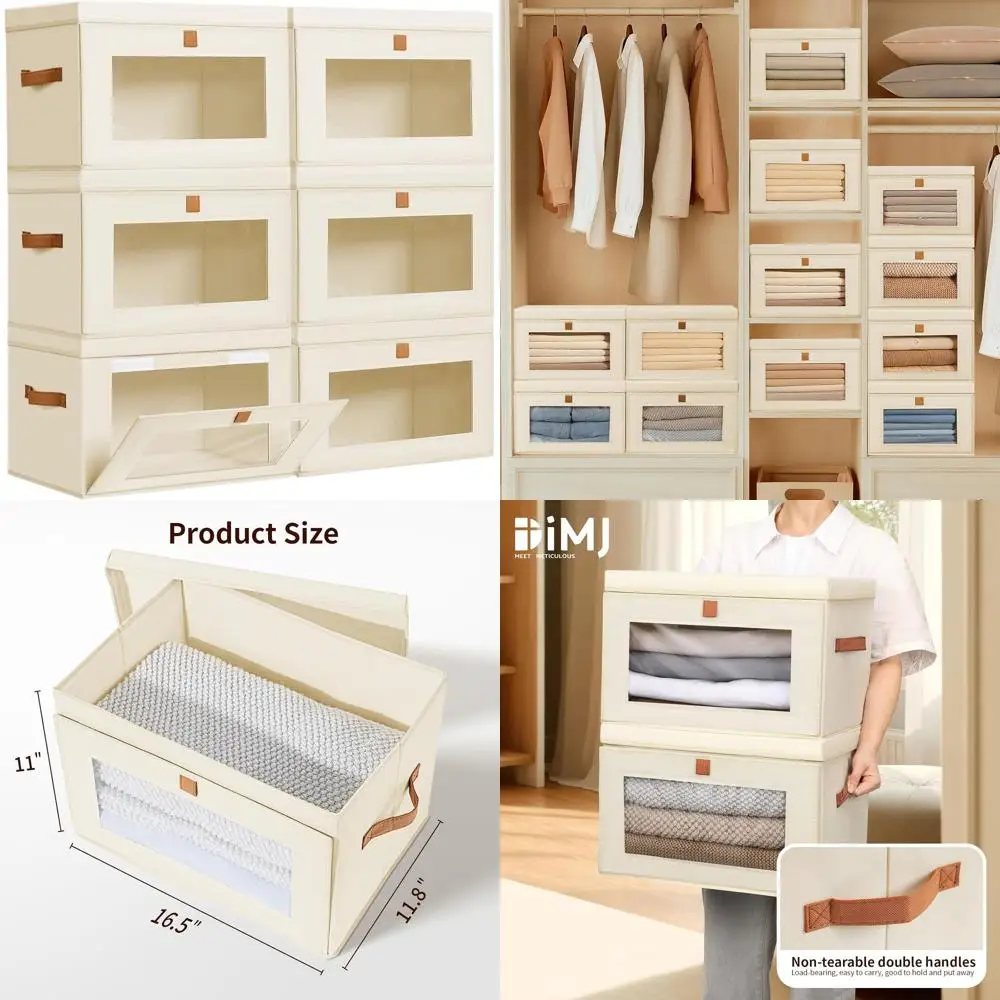 

6-Pack Large Fabric Storage Bins with Windows and Handles, Collapsible Organizers for Clothes, Books, and Blankets