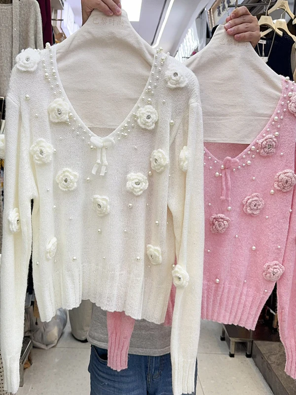 

Топ с цветочными бусинами для ногтей и бриллиантами, v-образный вырез, топ с длинными рукавами, осень 2022, корейский утягивающий однотонный свитер с бантом