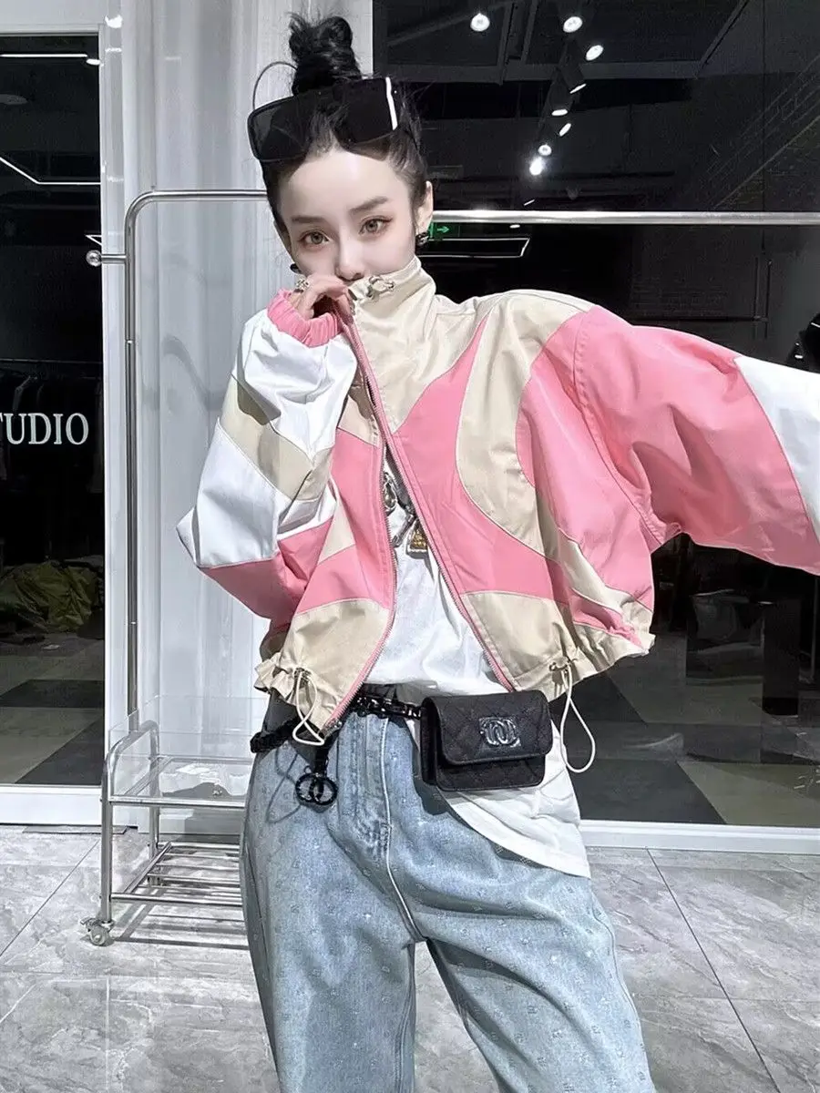

​​Pink Cropped Varsity Jacket Women 2025 Sporty Athleisure Baseball Style Lightweight Spring Fall Outerwear​​