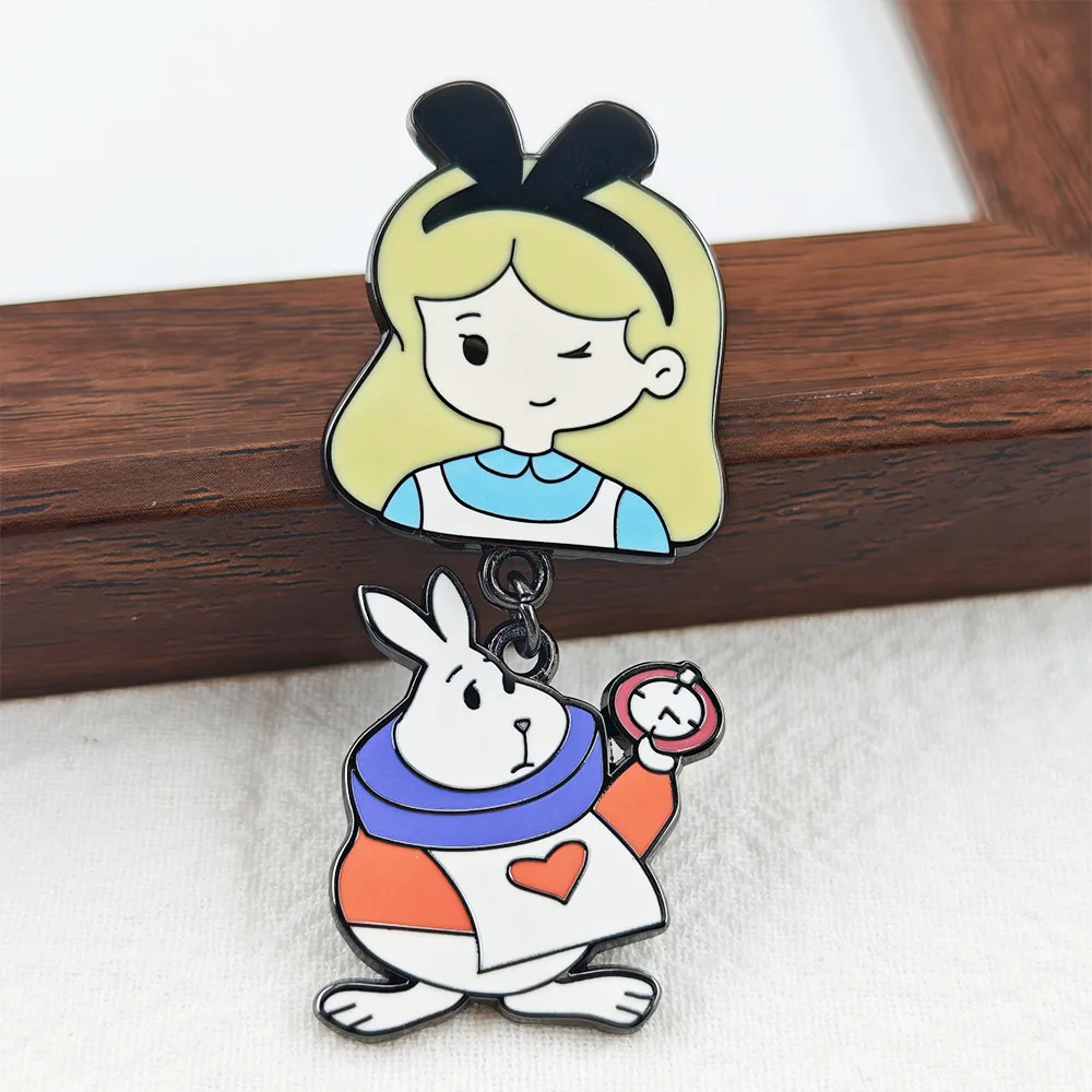 Cute Blonde Girl Enamel Pin White Rabbit With Pocket Watch Charm Brooch Fairy Tale Character Badge Backpack Decor Jewelry Gift