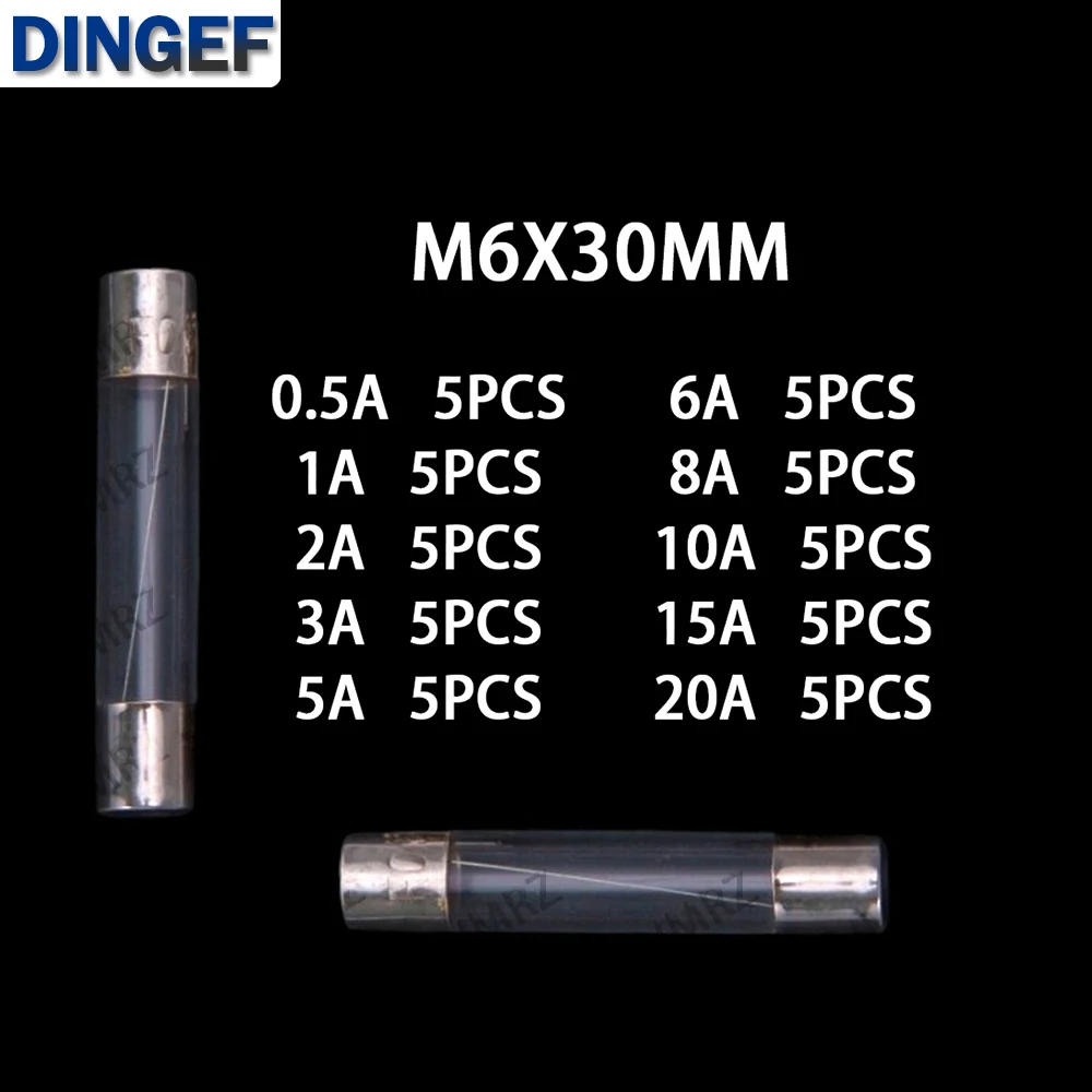 50pcs 6*30MM Glass Fuse 6A 8A 10A 15A 20A Tubes 250V Box 0.5A 1A 2A 3A 5A