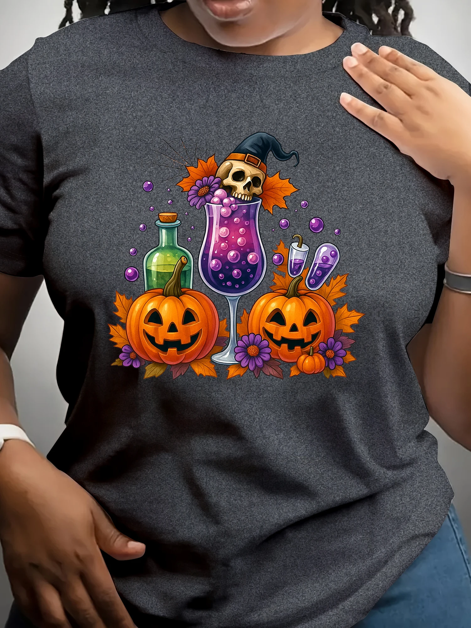 تي شيرت نسائي للهالوين - تي شيرت برسومات على شكل يقطين أزرق ملكي لفصلي الخريف وحفلات الهالوين وملابس كاجوال - قابل للغسل في الغسالة