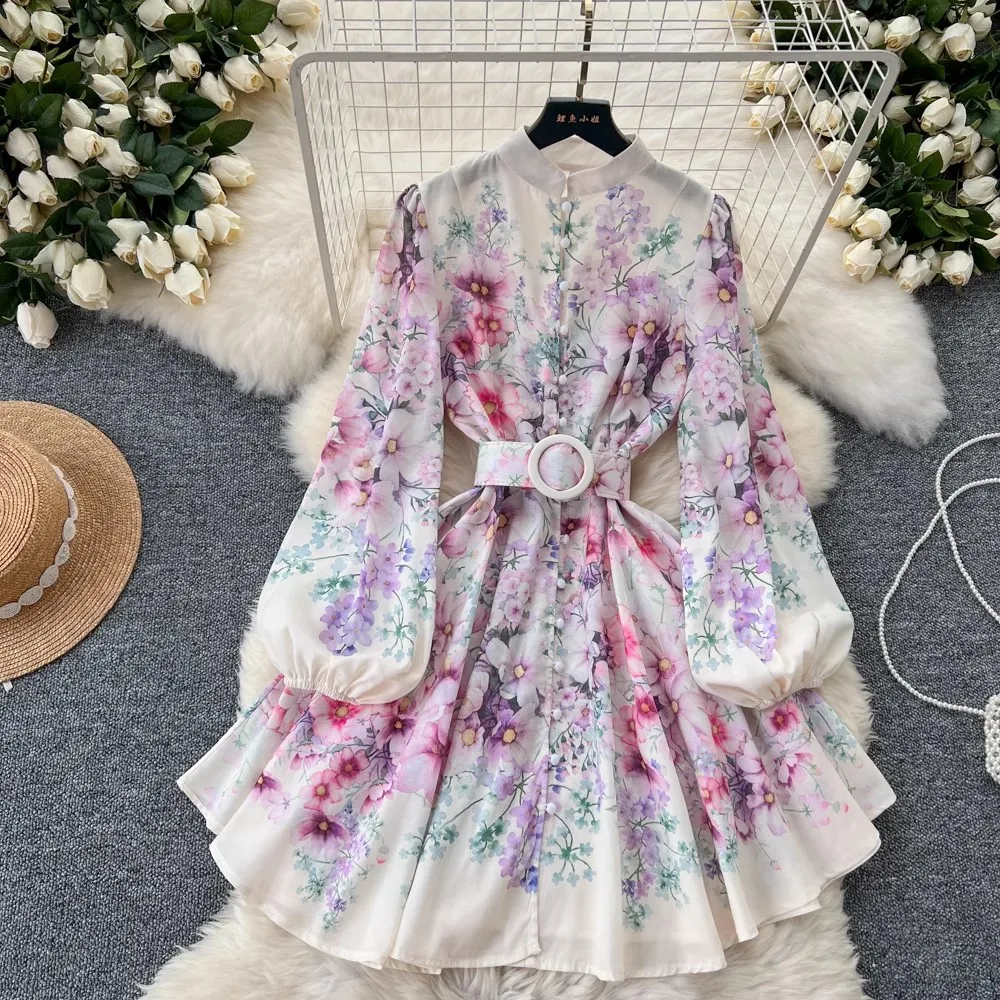 Women Linen Clothing Spring Summer Runway Fashion Flower Print Vintage Dress Stand Neck Long Lantern Sleeve Belted Mini Dress