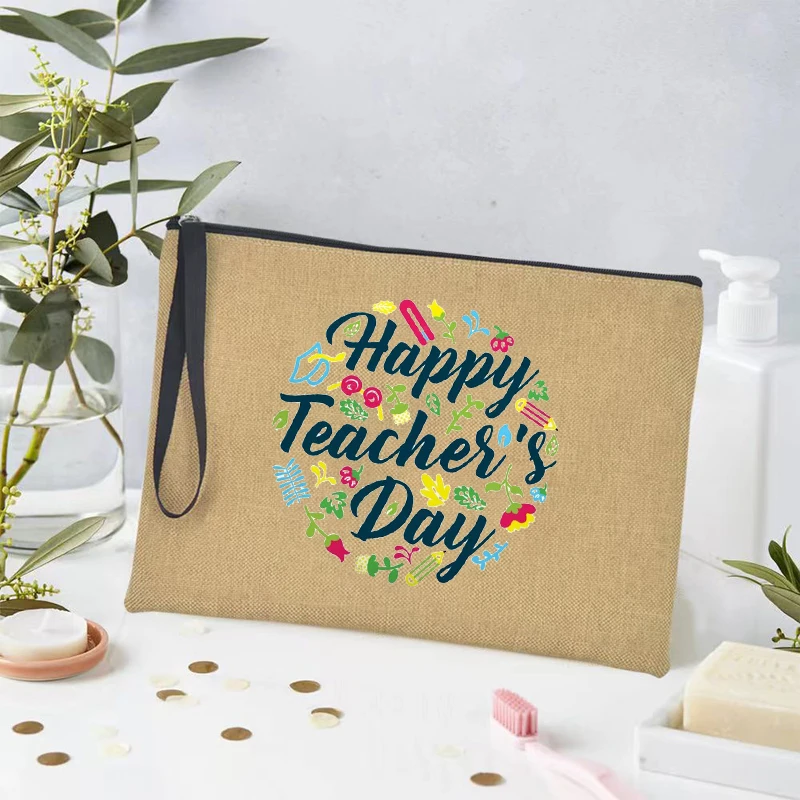 Happy Teacher's Day Gift Makeup Bag Women Linen Pencil Case Gift for Graduation Retirement Teachers Portable Organizer Pouch Bag