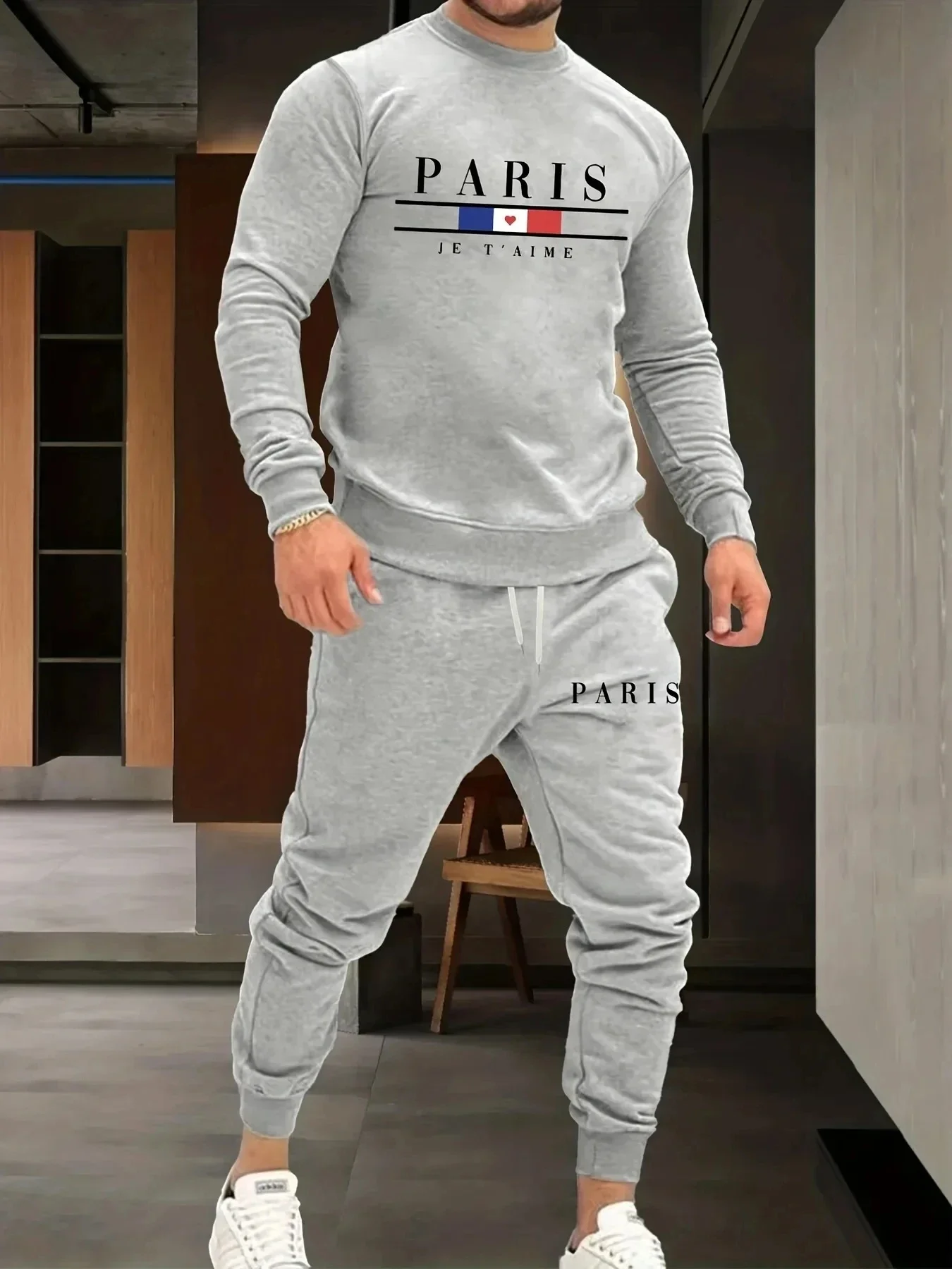 Men's Fashion Brand Clothing Sportswear Paris Long Sleeve + SweatPants 3D Printed Simple Design Casual Jogging 2-piece set