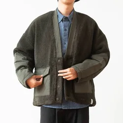 Chaqueta acolchada de piel sintética para hombre, ropa de calle japonesa Harajuku, chaqueta de carga Vintage informal holgada, cárdigan tipo Kimono, abrigo para invierno