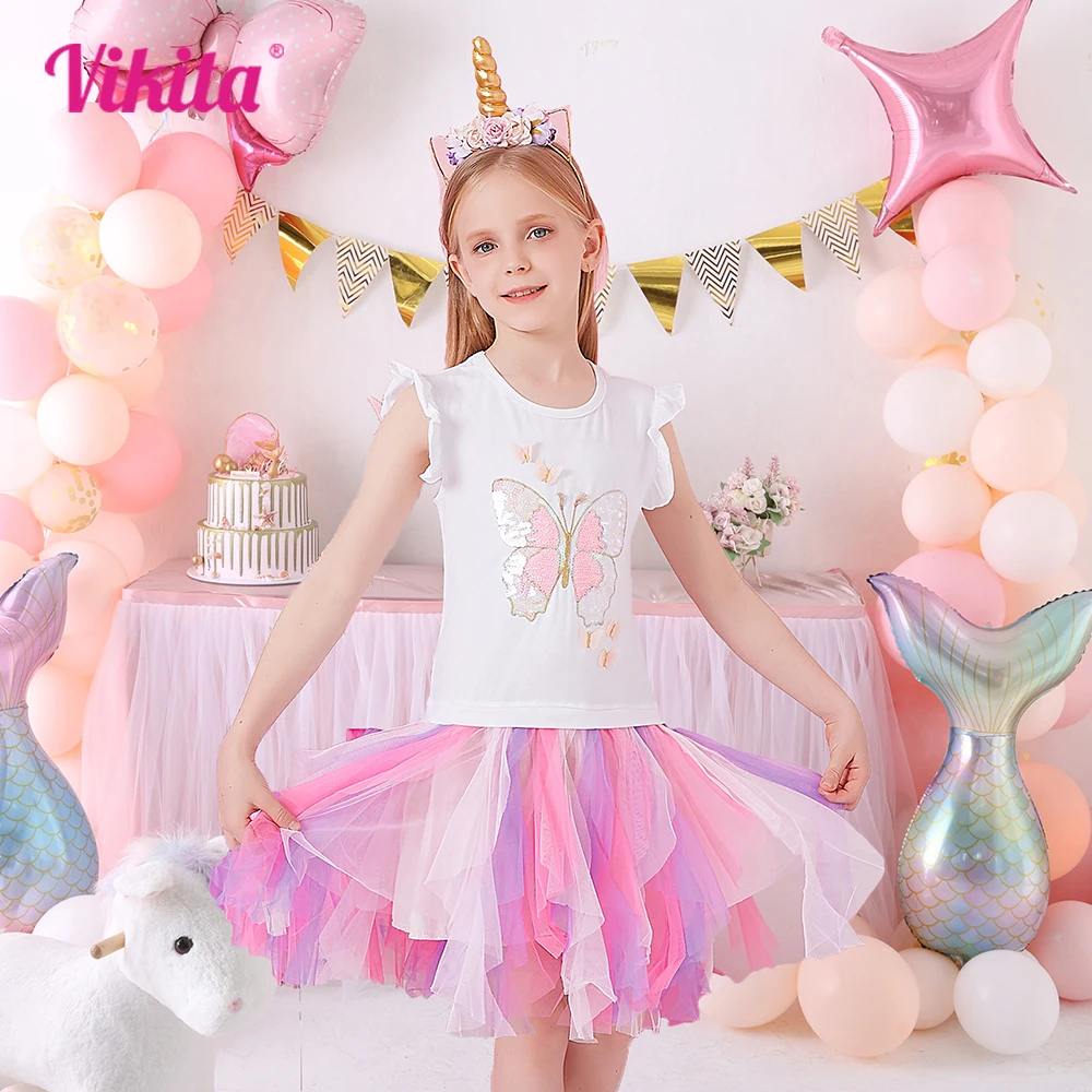 VIKITA Princess Dresses For Girls Children Butterfly Sequin Vestidos Kids Tutu Dresses Toddlers Summer Sleeveless Dress 3-8Y