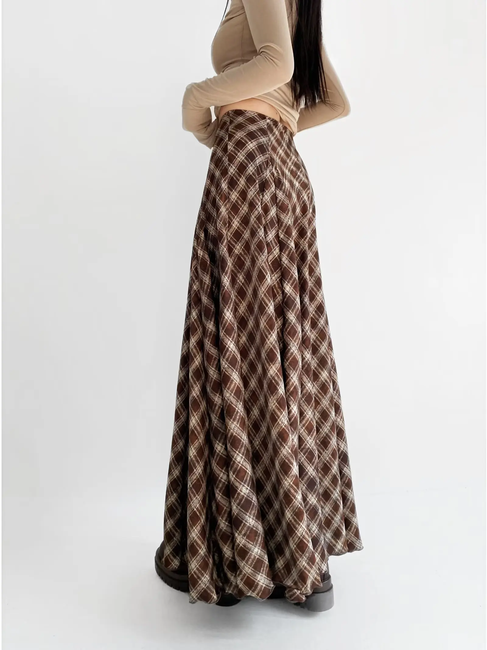 Retro Plaid A-Line  Skirt Women's High Waist Slimming Long Gown Draping Style Spring Fashion Ladies Polyester Fiber Print