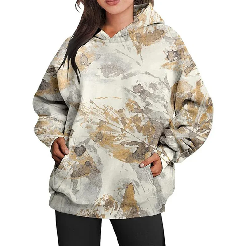 New Leaf Print Loose Hooded Sweatshirt Women Kangaroo Pocket Splicing Hoodie Female Autumn Comfortable Casual Pullover Outerwear