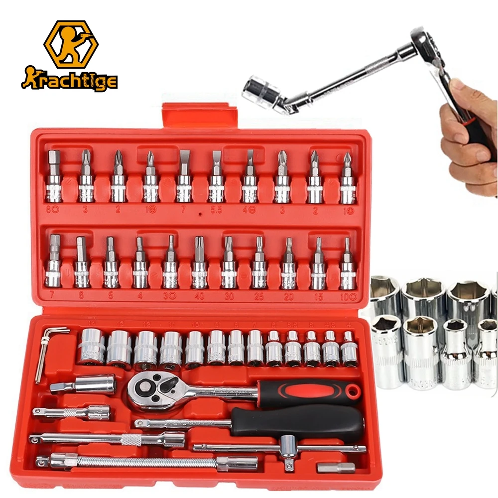 

Krachtige 46pcs/set Carbon Steel Combination Set 1/4" Wrench Socket Spanner Screwdriver Household Motorcycle Car Repair Tool