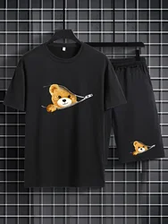 Conjunto de camiseta e shorts de manga curta masculino 100% algodão, estampado de urso, tamanho solto, gola redonda, verão