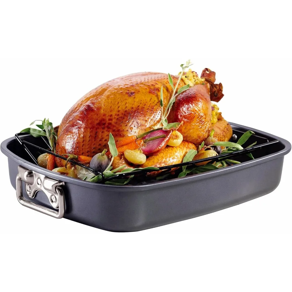 

17-Inch Non-Stick Roasting Pan with V Rack for Turkey, Lasagna, Chicken - Oven-Safe Black Rectangular Deep Dish