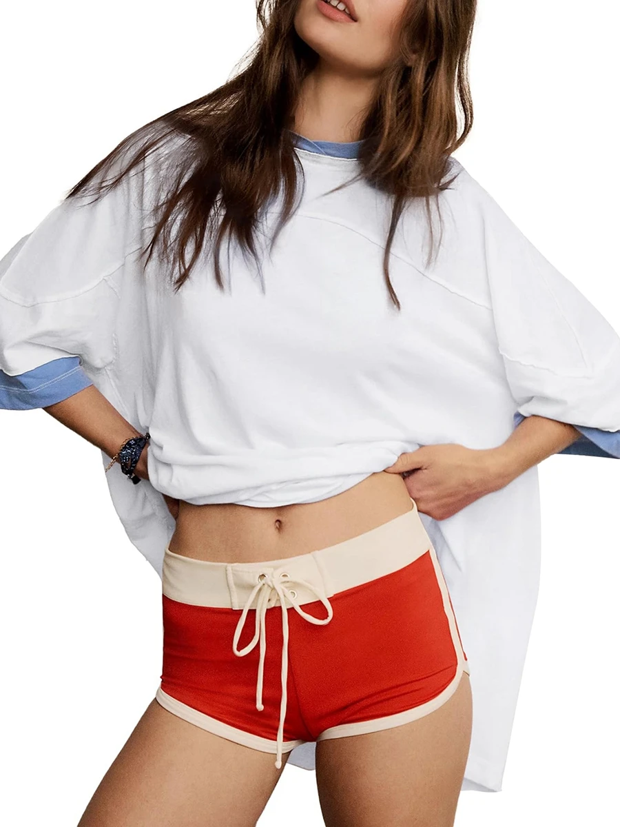 Women s Summer Casual Tops Half Sleeve Crewneck Contrast Color Split Hem T-shirt image 5