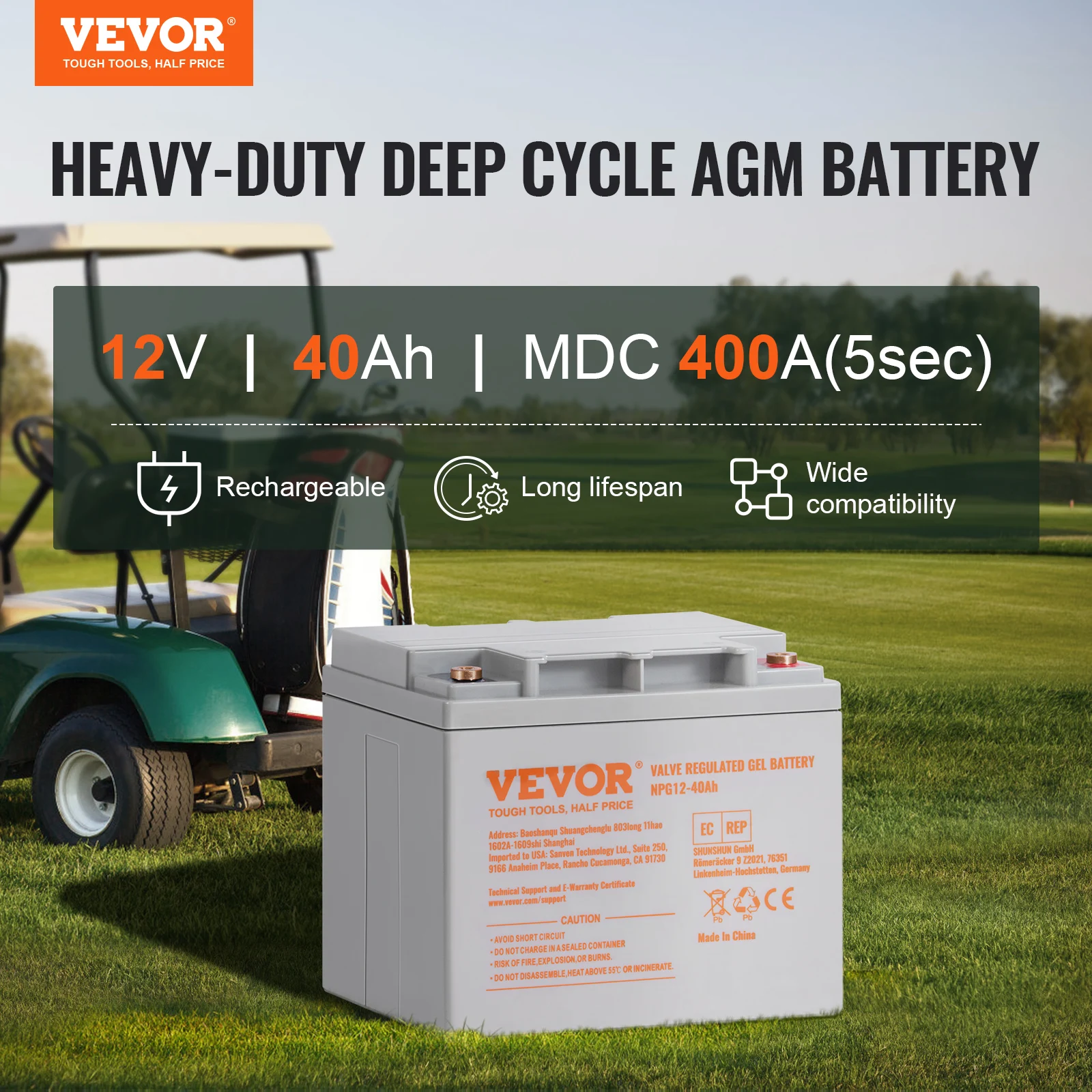 VEVOR Deep Cycle Battery 12V 40/100/200 AH AGM Marine Rechargeable High Self-Discharge Rate 400A/800A/1400A Discharge Current