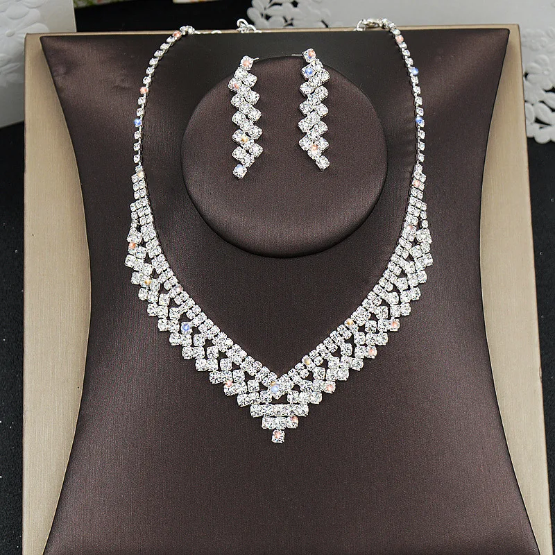 BLIJERY New Fashion Rhinestone Crystal Bridal Jewelry Sets Silver Color Geometric Choker Necklace Earrings Wedding Jewellery Set