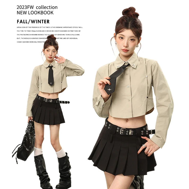 

Fashion White Shirts Women Korean Style Single Breasted Slim Fit Crop Tops Female Chic Design Casual Long Sleeve Blouses