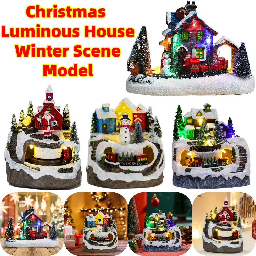 

Christmas Scene Decoration with LED Lights Music Rotating Train Christmas Glowing Resin Ornament Christmas Decoration Xmas Gifts