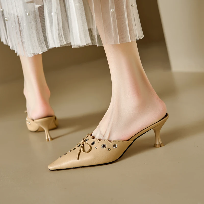 

Новинка 2023 года, летние женские туфли-лодочки из овчины, женская обувь, туфли на массивном каблуке с острым носком, сандалии с открытой пяткой, современные тапочки