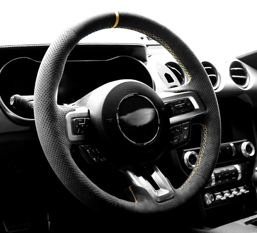 Genuine Leather Suede Yellow Thread Hand Stitching Steering Wheel Cover Wrap Car Accessoires Specifically for Ford Mustang