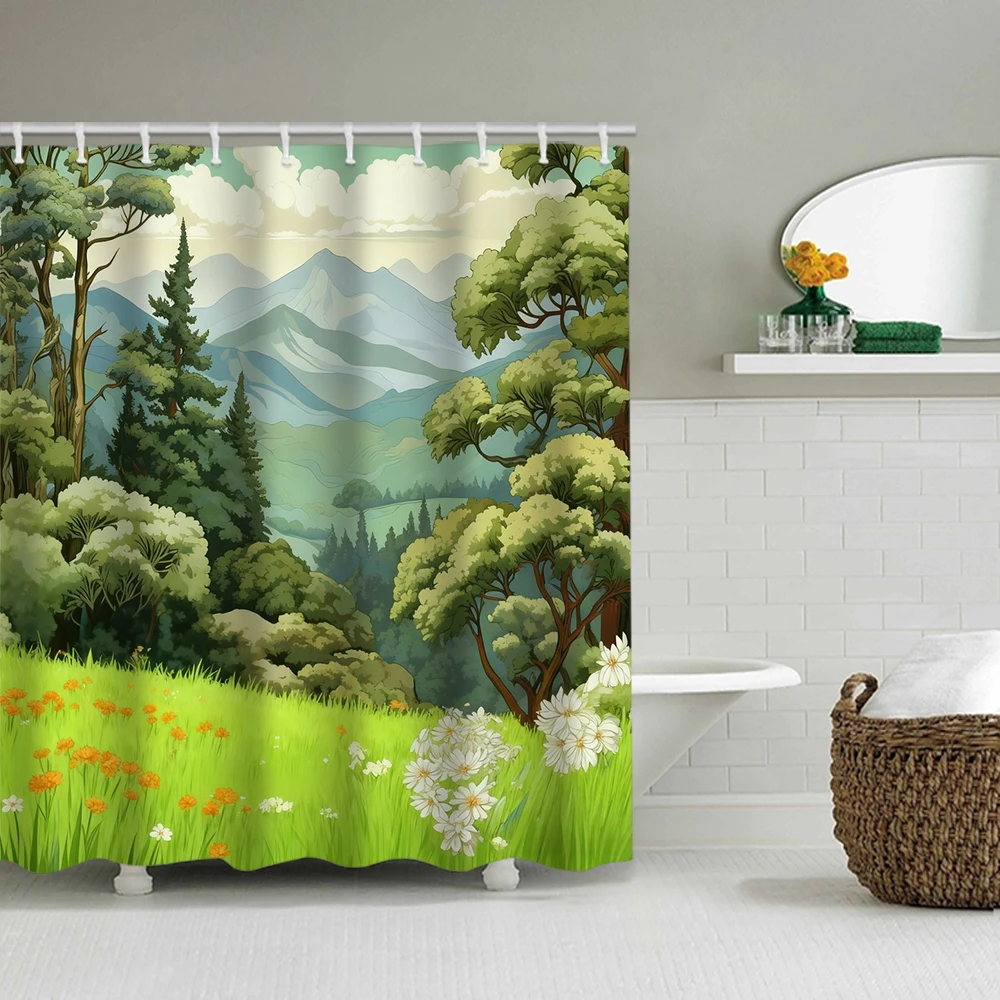 

4/1 Занавеска для душа с растительным пейзажем, украшение для сиденья унитаза, занавеска для душа с ковром и крышкой для унитаза, размер 70,8x70,8 дюйма