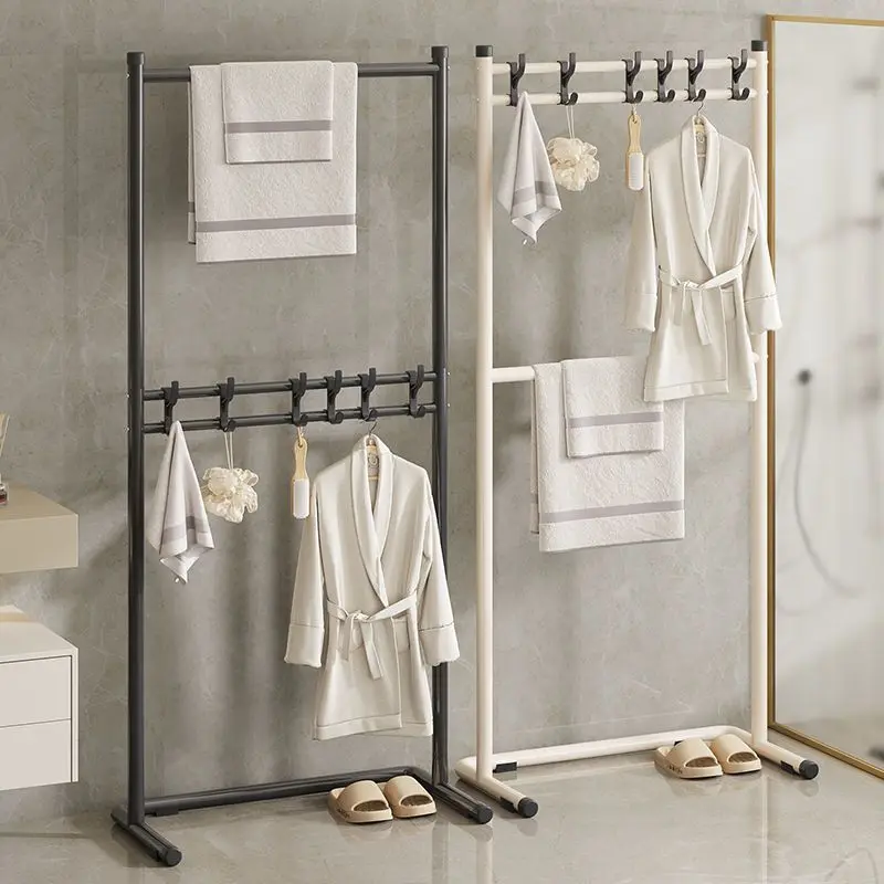 Toilet towel rack Floor-to-ceiling non-punching hook with dirty clothes basket rack Bathroom door hanging towel bathrobe rack