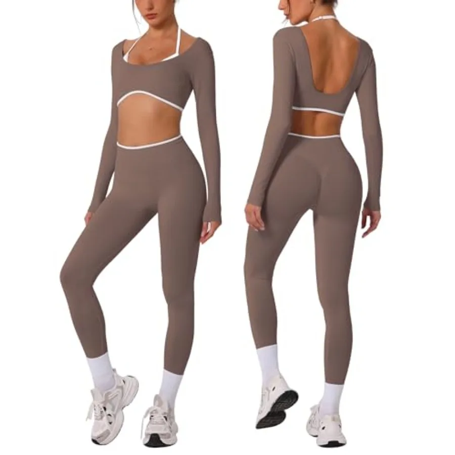 

ABOCIW Workout Sets for Women Long Sleeve Crop Top Scrunch Butt Lifting High Waist Leggings 2 Pcs Gym Yoga Outfits