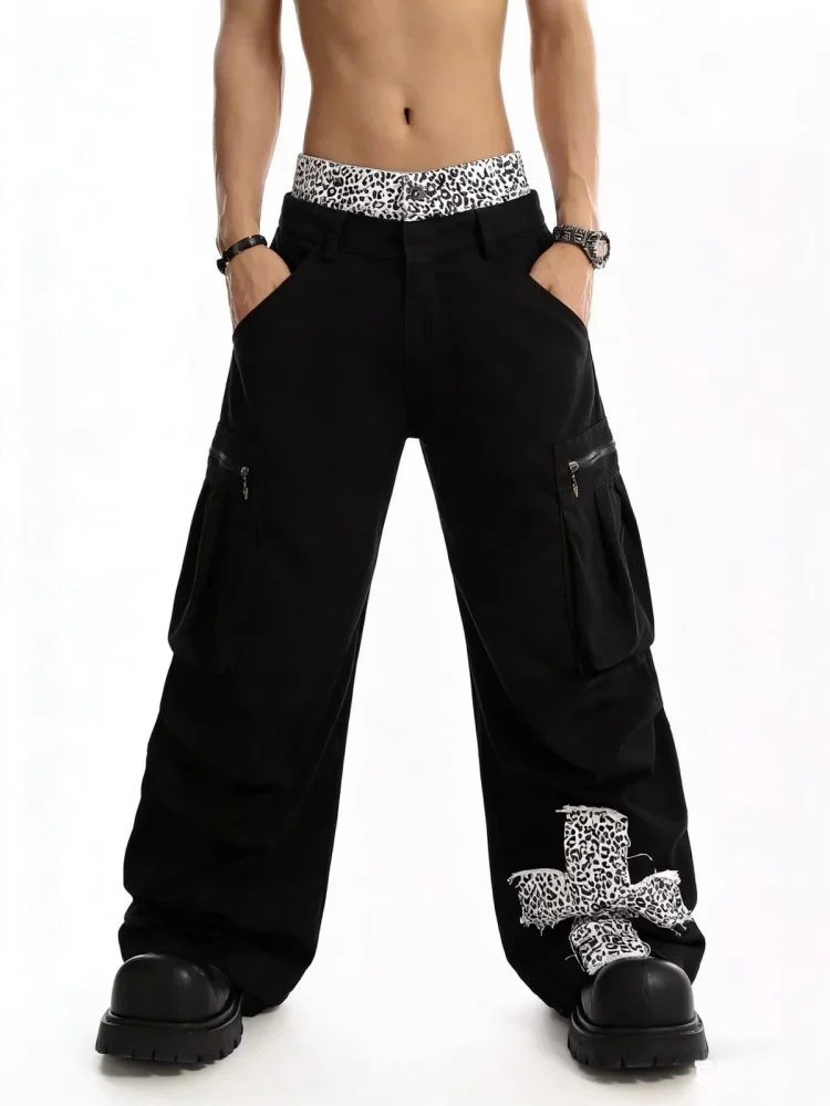 2026 Cyber Y2K Streetwear Leopard Patchwork Black Baggy Cargo Jeans Pants For Men Clothing Straight Multi Pockets Long Trousers
