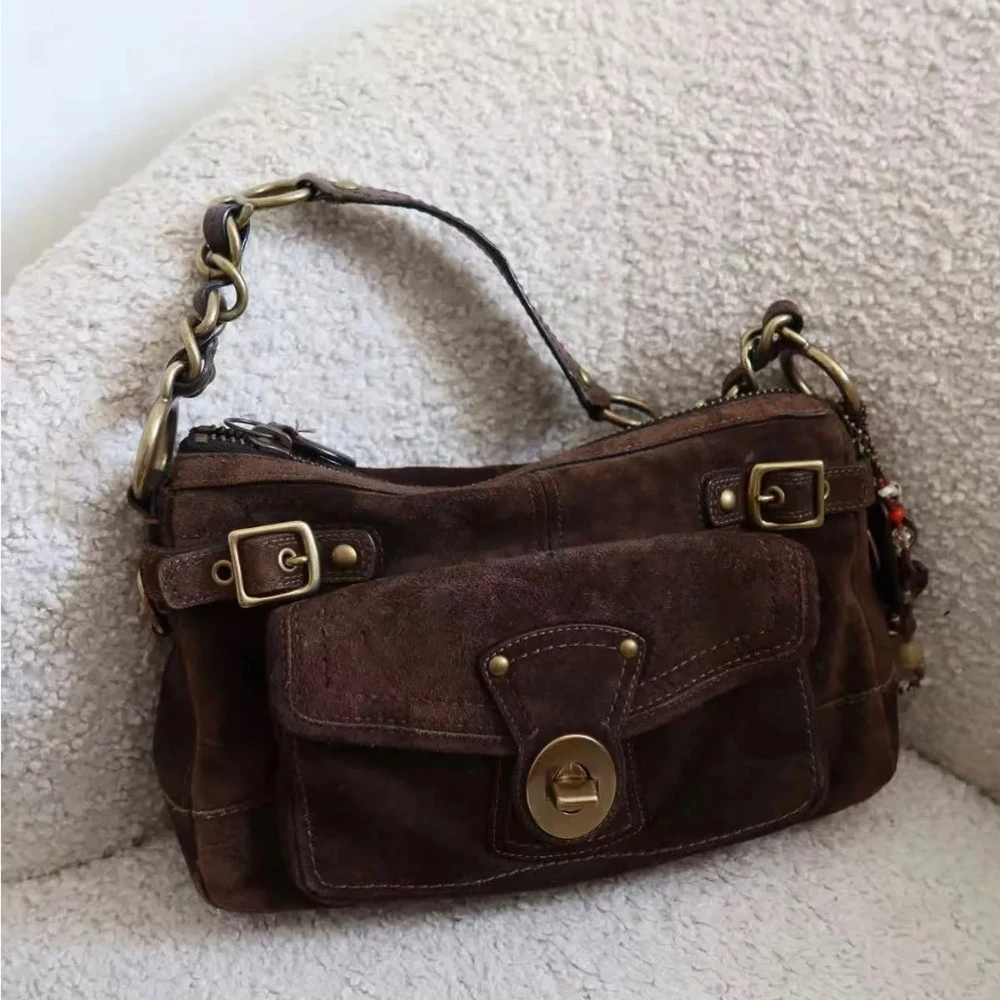 Retro suede messenger bag - Women's metal clasp chain crossbody bag - Motorbike style commuter bag