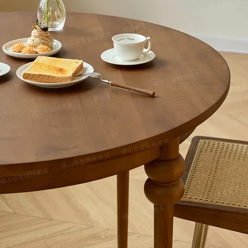 Retro round solid wood dining table household small apartment living room dining room round table French light luxury simple