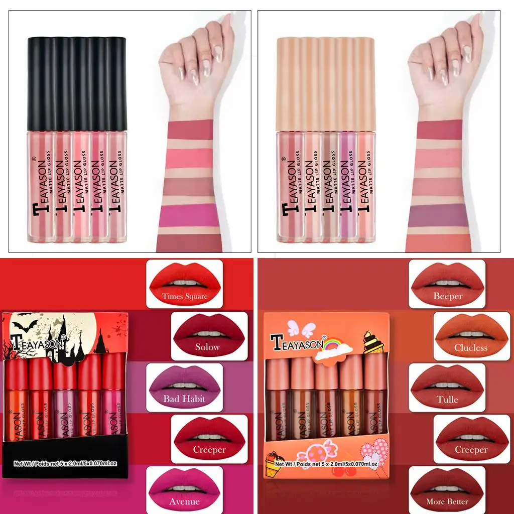 Lot de 5 coffrets de brillant à lèvres velours mat, rouge à lèvres liquide imperméable, teinture pour les lèvres