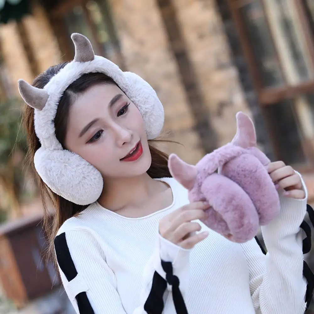 

Faux Rabbit Fur Devil Horn Earmuffs Solid Color Ear Cover Unisex Adult Earflap Foldable Ear-Muffs Ear Warmer Autumn And Winter