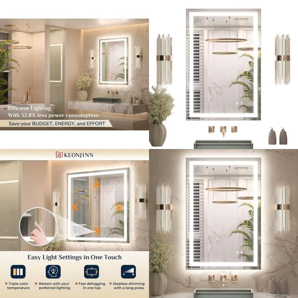 

Зеркало для ванной комнаты с подсветкой 24x36 дюймов, светодиодное с передней и задней подсветкой, регулируемые 3-цветные светильники с регулируемой яркостью, высокое разрешение Te