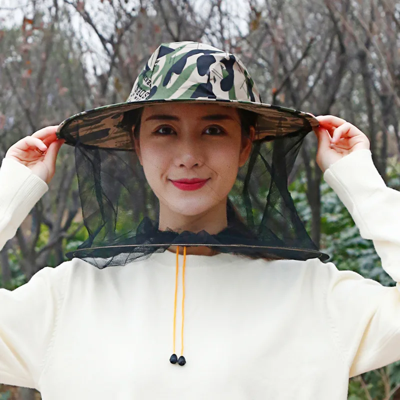 Anti-Mosquito Head Face Protector Net Hat Insect Bugs Bee Proof Mesh Hat Beekeeping Hat Outdoor Camouflage Fishing Sun Cap Cover