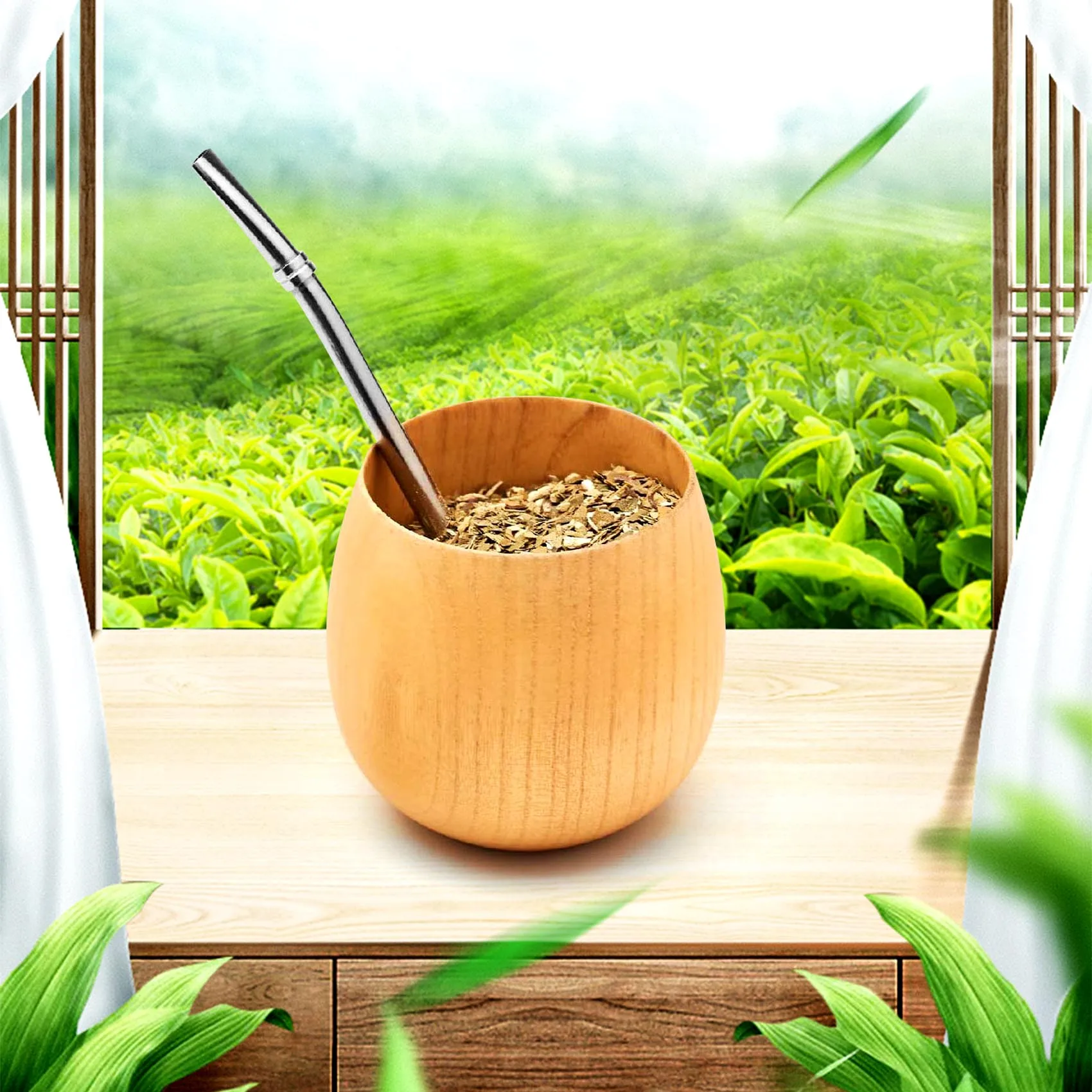 طقم شاي يربا القرع الخشبي عالي الجودة مصنوع يدويًا من الخشب الطبيعي كوب ماء القهوة مع ملعقة فرشاة بومبيلا من القش 200 مللي (لي)