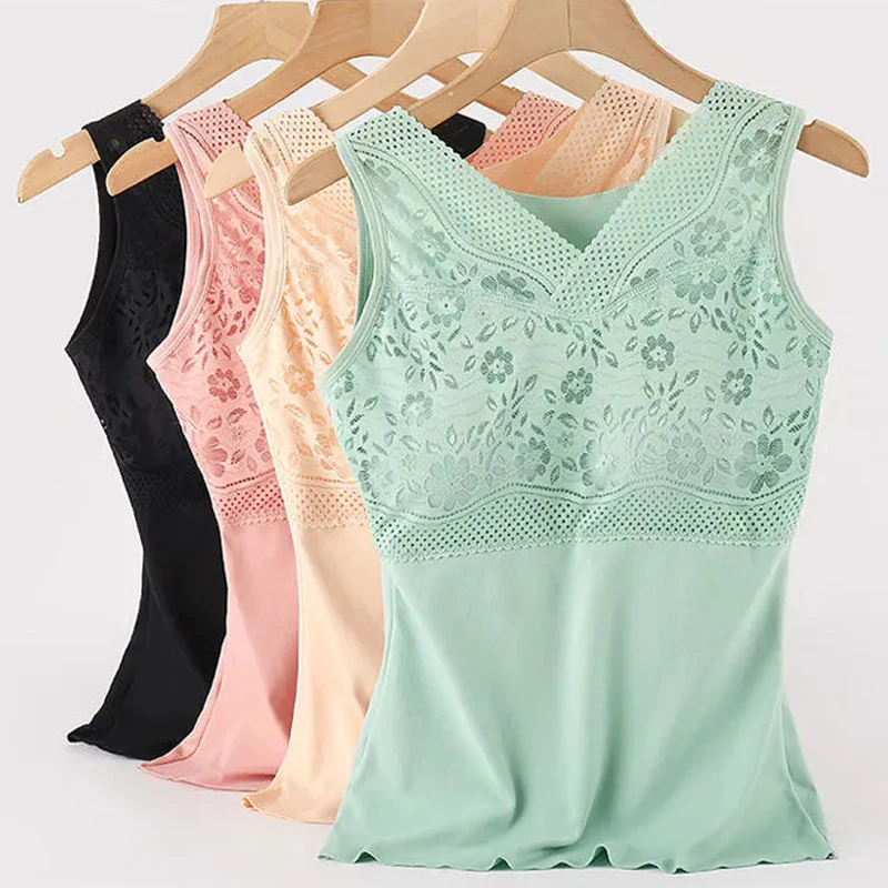 Women Warm Winter Thermal Tank Tops With Bra Padded Soft Thick Fleece Undershirt Stretch Velvet Thermal Vest Singlet Underwear