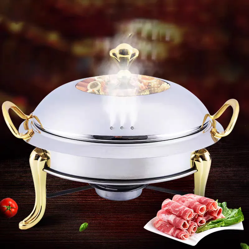 Dish Stainless Steel Cooking Round Buffet Warmer Tray Durable Frame with Lid Fuel Holder Cookware Set