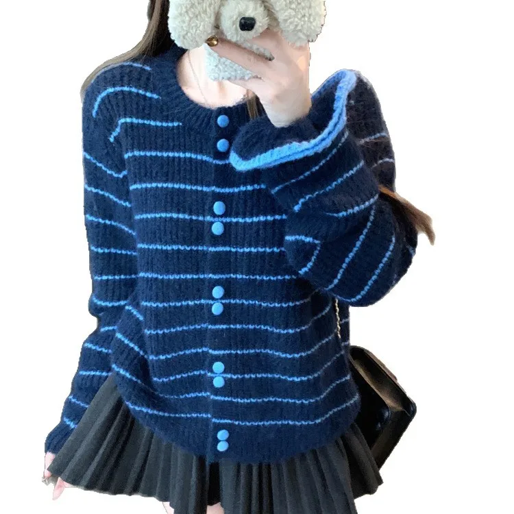 سترة محبوكة مخططة للنساء للخريف والشتاء سترة عتيقة على الطراز الكوري معطف محبوك بأكمام طويلة واحدة الصدر #5