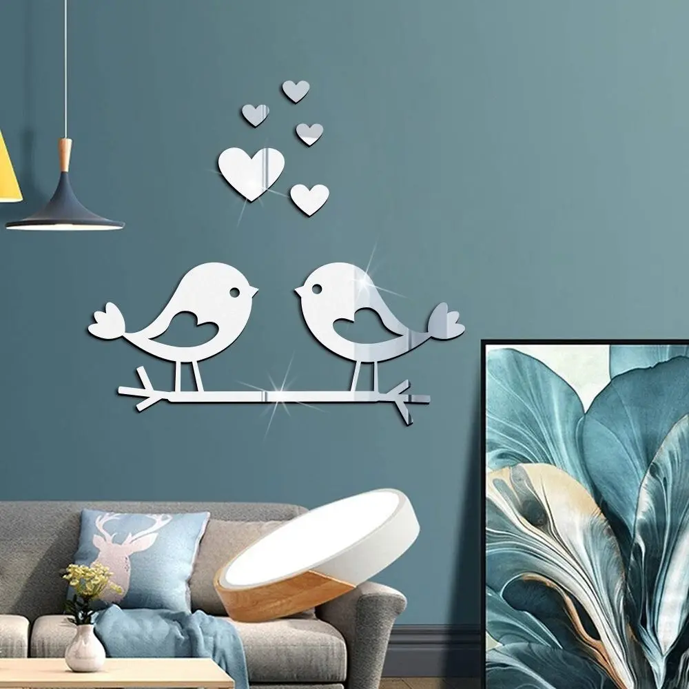 อะคริลิค Love Heart BIRD สติ๊กเกอร์ติดผนัง Self-Adhesive Silver BIRD สติกเกอร์กระจกใช้งานง่ายตกแต่ง 3D Wall Decals งานแต่งงาน