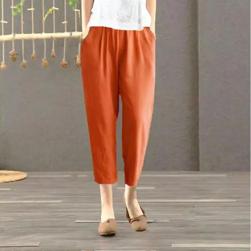 Pure Cotton Linen Harlan Casual Pants Printed Nine Points Loose Mom Pants Thin Cotton Linen plus Size High Waist Korean Sle