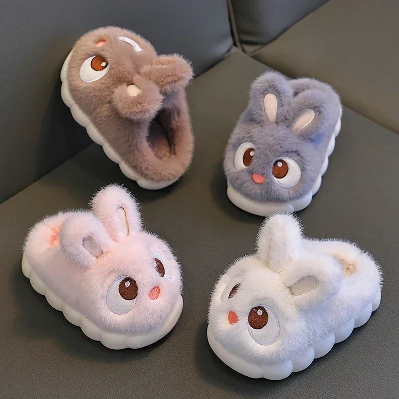 New Winter Cute Big Eyed Rabbit Children Waterproof Warm Non-slip Fluffy Slippers for Girls Boys Kids Indoor Home Cotton Shoes