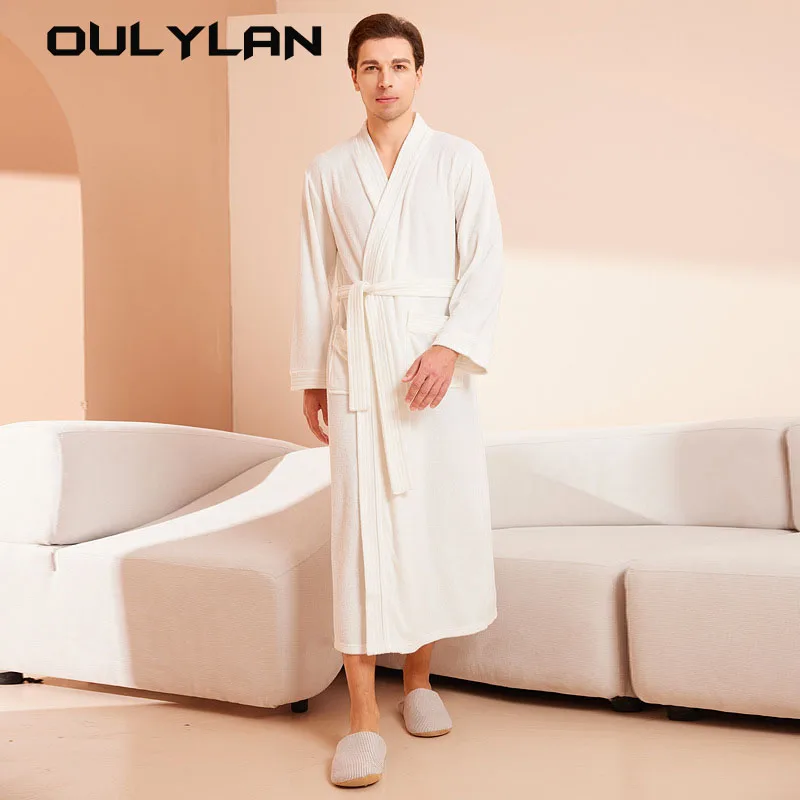 Men Blue Bath Robe Sleepwear Dressing Gown Long Sleeve Water Uptake Kimono Sleep Lounge Nightgown