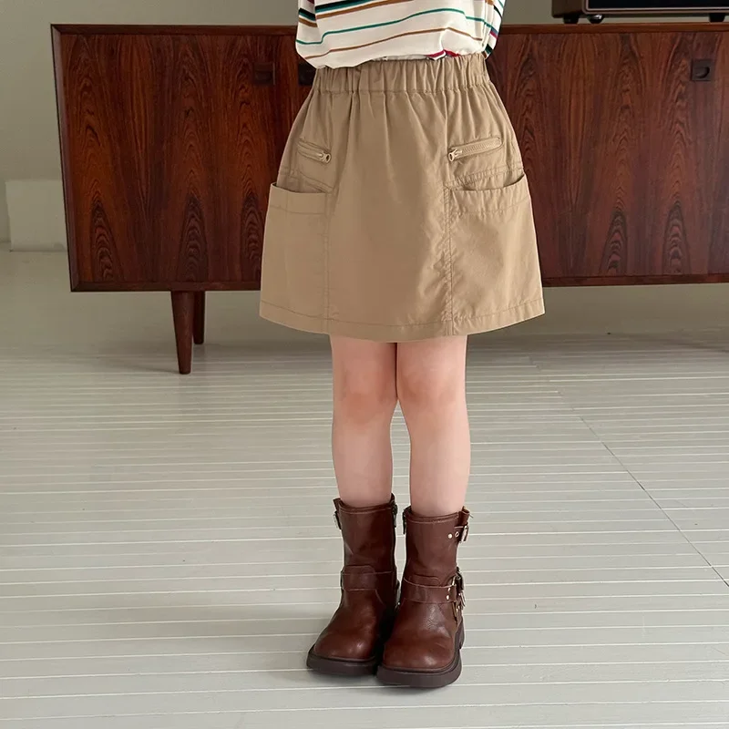Girl Skirt 2026 Summer New Childrens Clothing Korean Style Girls Baby Fashionable Cargo Pocket Skirt Casual Simple Daily