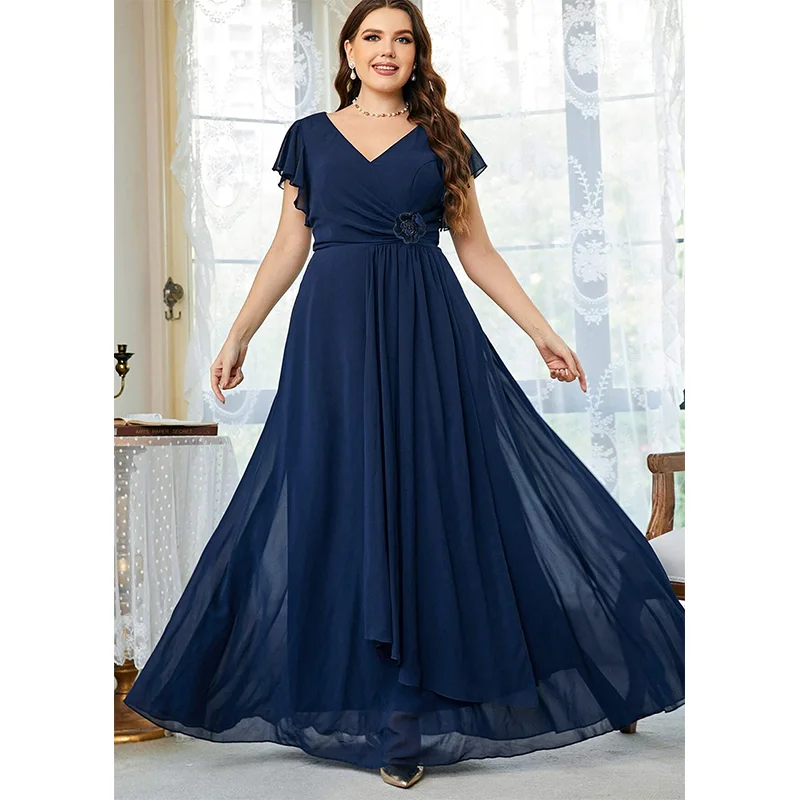 Women's Royal Blue V Neck Chiffon Short Sleeve Dress, Elegant, Luxury, Plus Size, 4XL, 5XL, Summer, 2022