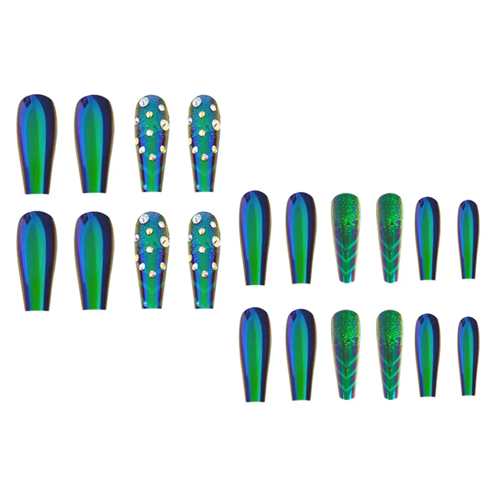 

24 Pcs Halloween Nails Fake ABS Extra Long Coffin Artificial False Nails Women Party Dark Blackish Green Web