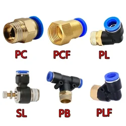 Tubo pneumático do conector do cotovelo, impulso do ar nos encaixes, mangueira do PLF, OD 4, 6, 8mm, linha fêmea, M5 ''1/8'' 1/4 ''3/8'' 1/2''