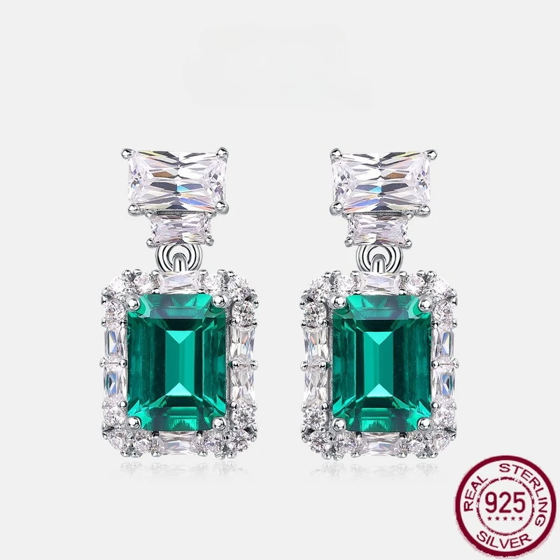 

New S925 pure silver sparkling color treasure retro inlaid cultivation emerald green earrings light luxury wedding jewelry