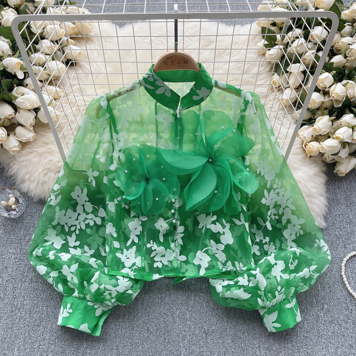 Chic Elegant Mesh Three-dimensional Floral  Puff Long Sleeve Loose Top Vintage Korean Fairy Crop Top Autumn Women Clothing