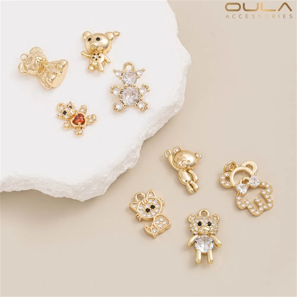 1pcs 14K Gold-plated and Zircon Inlaid Bear, Elephant and Kitten Pendant, Diy Bracelet, Earring and Pendant Accessories